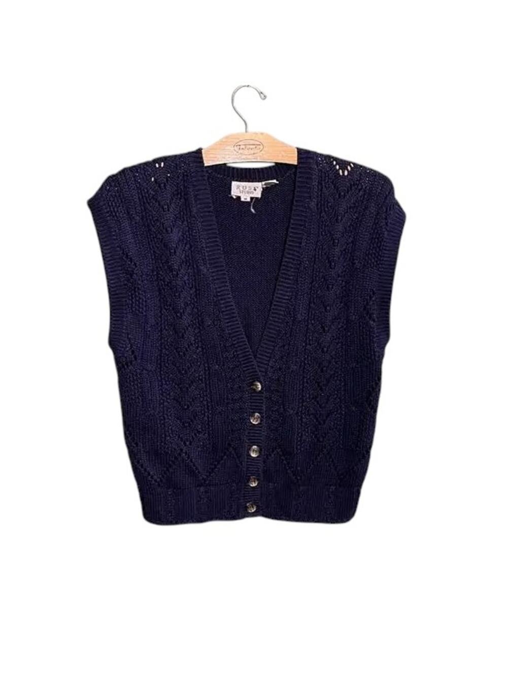 Vintage Russ Studio Navy Knit Vest Cable Knit Sweater Size M